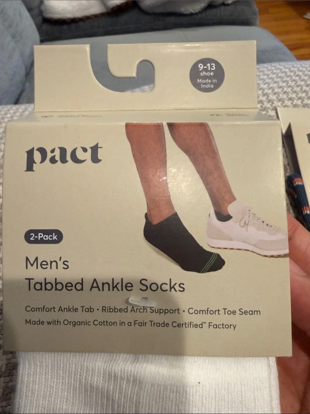 Pact Men's Organic Blend-3-Pack Socks - White Ankle & Green with Rust Stripes